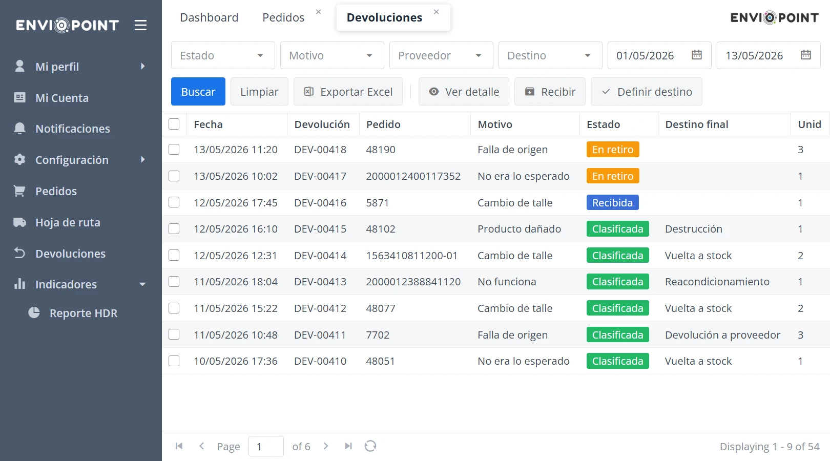 Listado de devoluciones del OMS con motivo, estado y destino final